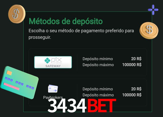 O cassino 3434Bet oferece uma grande variedade de métodos de pagamento